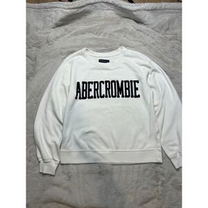Abercrombie & Fitch Sweatshirt Womens S Cream Navy Blue Logo Fleece Crewneck